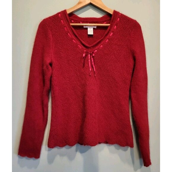 Red Angora Lambswool Blend V Neck Bow Sweater Holiday Lucy And Laurel Sz M - Picture 1 of 6